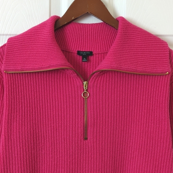 Talbots Merino Wool Blend Ribbed Knit Spread Zipped Collar Sweater Hot Pink SP - Picture 2 of 11